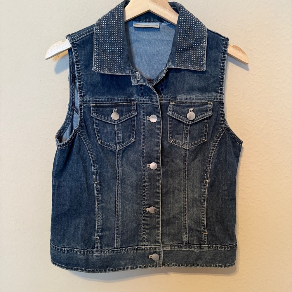 VTG Chico's Platinum Women's Studded Bejeweled Collar Button Up Denim Vest Small